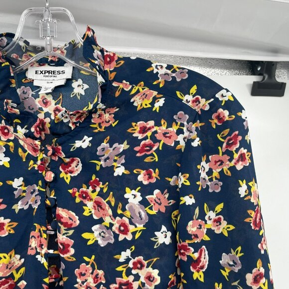Express Womens Floral Portofino Button Up Top Slim Fit Blue/Multi XS - Picture 4 of 9
